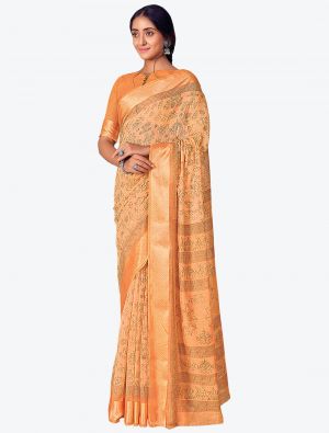 Pastel Orange Printed And Woven Pure Cotton Designer Saree small FABSA21188