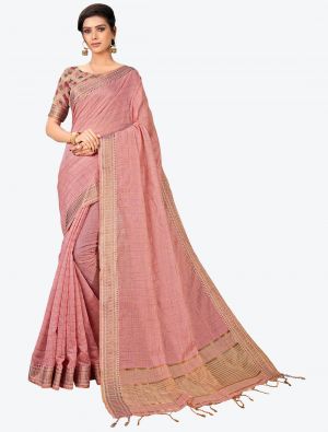 Pastel Pink Printed And Woven Cotton Silk Designer Saree small FABSA21196