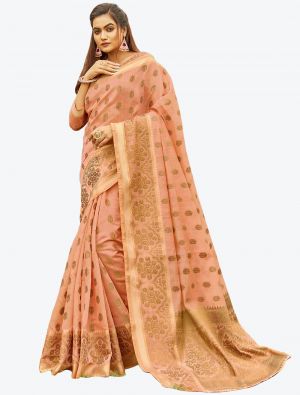 Perfect Peach Heavy Woven Work Handloom Cotton Designer Saree small FABSA21201