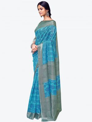 Sea Blue Printed And Woven Pure Cotton Designer Saree small FABSA21192