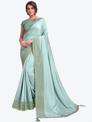 Sky Blue Premium Satin Silk Festive Wear Designer Saree small FABSA21222