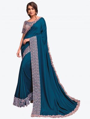 Teal Blue Premium Silk Chiffon Festive Wear Designer Saree small FABSA21224