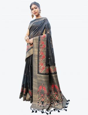 Black Heavy Woven Work Tussar Silk Designer Saree small FABSA21245