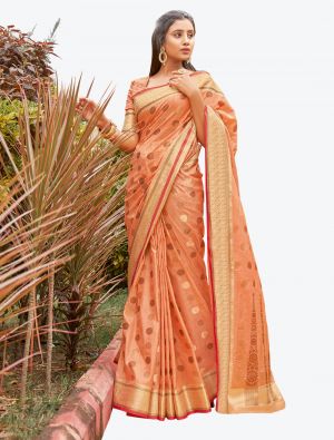 Bright Peach Woven Work Handloom Cotton Designer Saree small FABSA21251