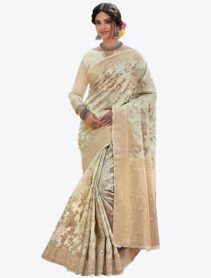 Cream Woven Zari Linen Festive Wear Designer Saree small FABSA21242