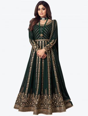 Dark Green Sequence Embroidered Pure Georgette Anarkali Floor Length Suit small FABSL20585