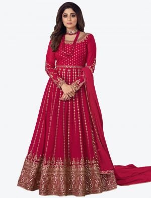 Dark Pink Sequence Embroidered Pure Georgette Anarkali Floor Length Suit small FABSL20583