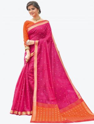 Dark Pink Woven Work Pure Cotton Festive Wear Designer Saree small FABSA21236