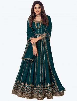 Dark Teal Sequence Embroidered Pure Georgette Anarkali Floor Length Suit small FABSL20584