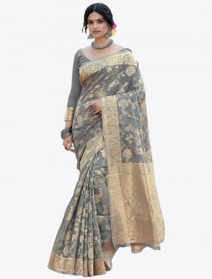 Deep Grey Woven Zari Linen Festive Wear Designer Saree small FABSA21244