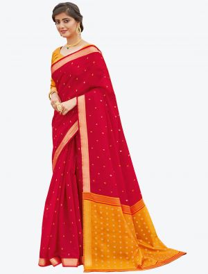 Deep Red Woven Work Pure Cotton Festive Wear Designer Saree FABSA21238