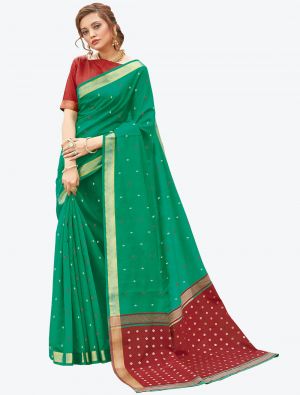 Emerald Green Woven Work Pure Cotton Festive Wear Designer Saree small FABSA21237
