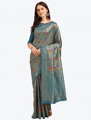 Faded Blue Printed And Woven Banarasi Cotton Designer Saree FABSA21260