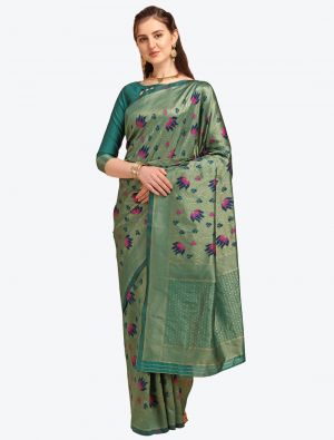 Faded Green Printed And Woven Banarasi Cotton Designer Saree FABSA21258