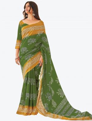 Grass Green Printed Fine Cotton Designer Saree small FABSA21226