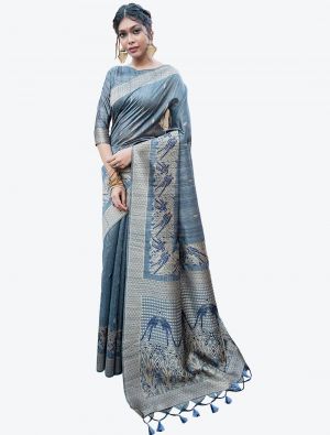 Grey Heavy Woven Work Tussar Silk Designer Saree small FABSA21250