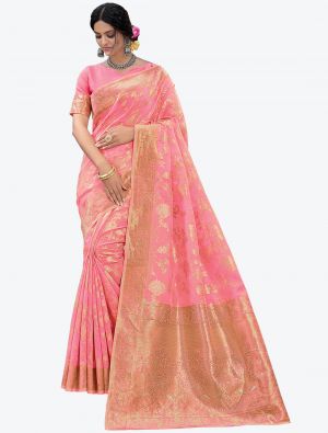 Light Pink Woven Zari Linen Festive Wear Designer Saree small FABSA21239