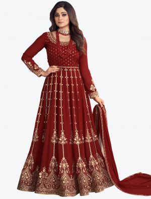 Maroon Sequence Embroidered Pure Georgette Anarkali Floor Length Suit small FABSL20581