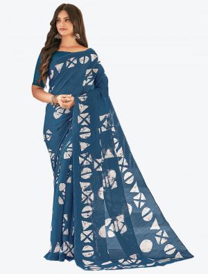 Ocean Blue Printed Fine Cotton Designer Saree small FABSA21230