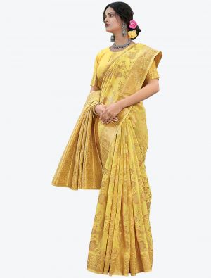 Pastel Yellow Woven Zari Linen Festive Wear Designer Saree small FABSA21240