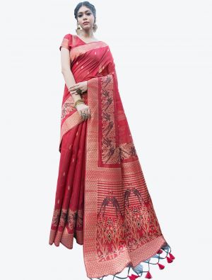 Red Heavy Woven Work Tussar Silk Designer Saree small FABSA21248