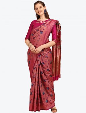 Reddish Pink Printed And Woven Banarasi Cotton Designer Saree FABSA21257