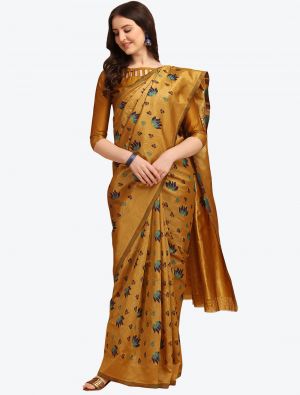 Rich Mustard Printed And Woven Banarasi Cotton Designer Saree FABSA21259