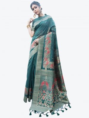 Teal Heavy Woven Work Tussar Silk Designer Saree small FABSA21247