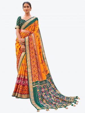 Bright Orange Woven Patola silk Festive Wear Designer Saree small FABSA21309