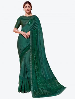 Dark Green Lycra Heavy Embroidery Work Party Wear Designer Saree FABSA21272