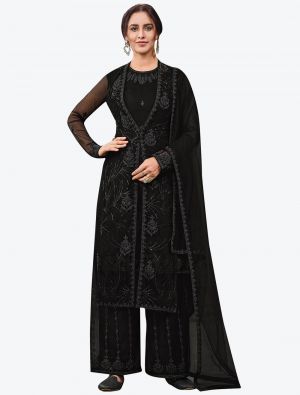 Deep Black Butterfly Net Party Wear Plazzo Suit with Dupatta small FABSL20634