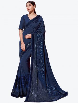 Deep Blue Lycra Heavy Embroidery Work Party Wear Designer Saree FABSA21271