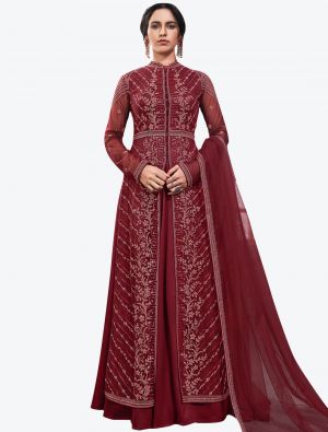 Deep Maroon Butterfly Net Party Wear Floor Length Suit with Dupatta thumbnail FABSL20632