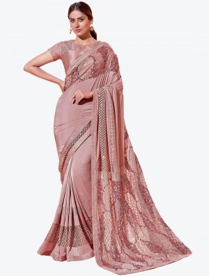 Dusty Pink Lycra Heavy Embroidery Work Party Wear Designer Saree FABSA21262