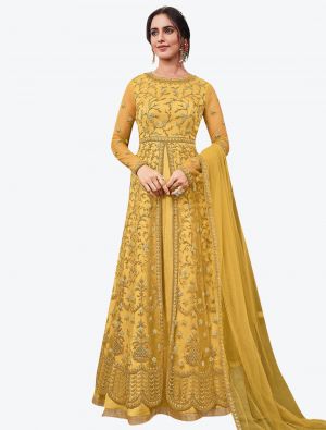 Golden Yellow Butterfly Net Party Wear Floor Length Suit with Dupatta thumbnail FABSL20629