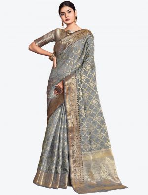 Metallic Grey Woven Jacquard Work Silk Designer Saree small FABSA21286