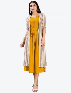 mustard yellow rayon embroidered long kurti with jacket fabku20491