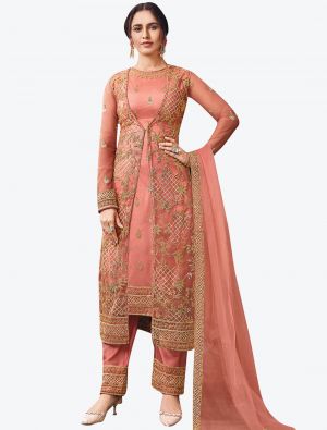 Pinkish Peach Butterfly Net Party Wear Straight Suit with Dupatta thumbnail FABSL20630