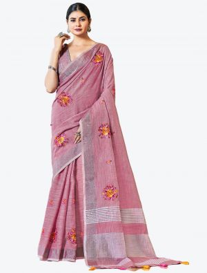 Pinkish Purple Linen Embroidered Festive Wear Designer Saree small FABSA21291