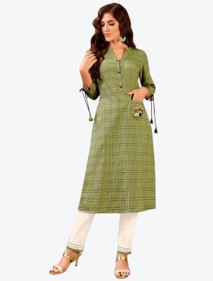 pista green south cotton woven designer kurti with pant fabku20496