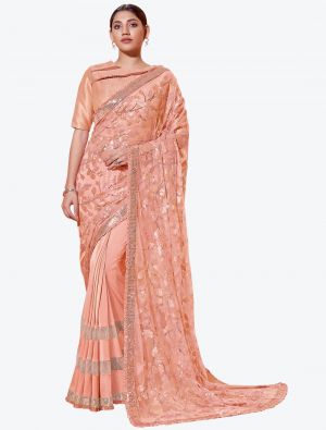 Royal Peach Lycra Heavy Embroidery Work Party Wear Designer Saree FABSA21270
