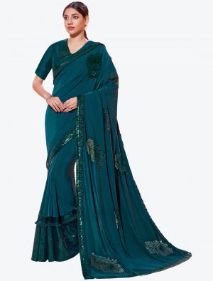 Teal Blue Lycra Heavy Embroidery Work Party Wear Designer Saree FABSA21261