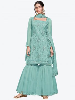 Aqua Blue Butterfly Net Party Wear Designer Sharara Suit with Dupatta small FABSL20648