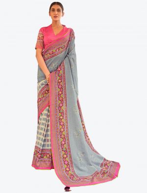 Bluish Grey Zari Woven Digital Printed Patola Silk Designer Saree small FABSA21384
