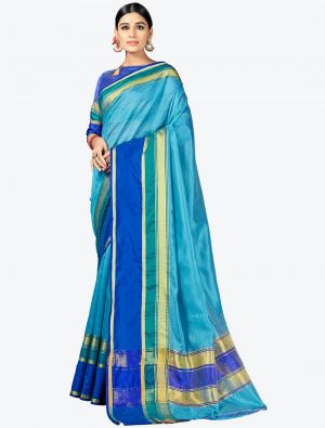 Bright Blue Woven Cotton Silk Festive Wear Designer Saree small FABSA21339