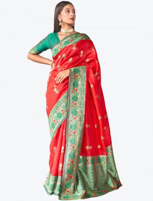 Bright Red Woven Jacquard Kanjivaram Art Silk Festive Wear Designer Saree small FABSA21365