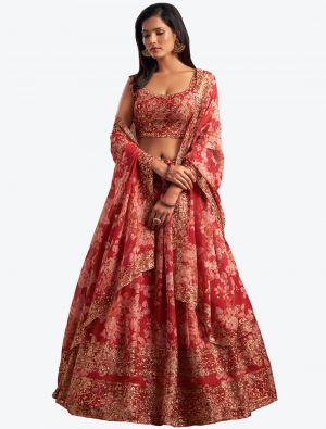 Coral Red Organza Party Wear Designer Lehenga Choli with Dupatta small FABLE20192
