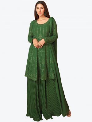 Dark Green Embroidered Georgette Party Wear Plazzo Suit with Dupatta small FABSL20658