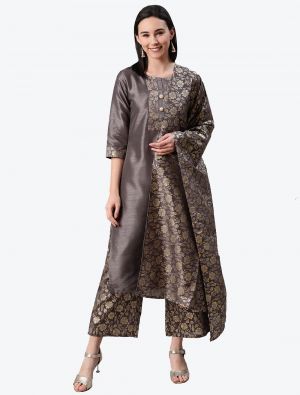 Dark Grey Poly Silk Party Wear Readymade Plazzo Suit with Dupatta FABSL20678