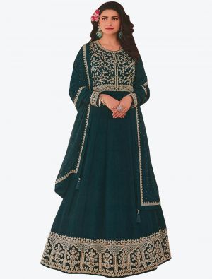 Dark Teal Embroidered Faux Georgette Party Wear Anarkali Floor Length Suit small FABSL20664